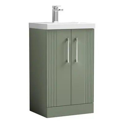 Retro Door Floor Standing Vanity Unit with Thin-Edge Tap Hole Ceramic Basin - 500mm - Satin Gree