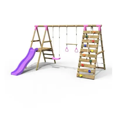 (Jasper, Pink) Rebo Wooden Swing Set with Deck and Slide plus Up and Over Climbing Wall