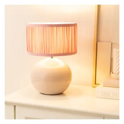 ValueLights Bosco Ruched Pink Shade Stone Ceramic Table Lamp & Bulb