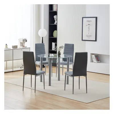 (90cm) Modern Grey Piece Round Glass Dining Set Faux Leather Upholstered Chairs