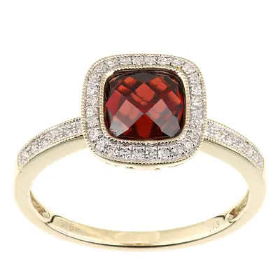 (P) Jewelco London 9ct Yellow Gold Cushion Garnet and Diamond Halo Ring