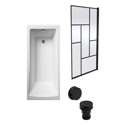 Square Single Ended Bath, Abstract Black Screen and Black Waste - x 700mm