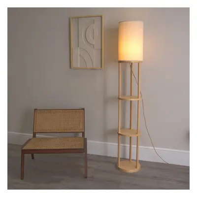 ValueLights Elsa Natural Wooden Tier Floor Lamp with Fabric Shade