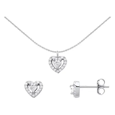 Jewelco London Ladies Rhodium Plated Sterling Silver Heart CZ Love Heart Halo Solitaire Earrings