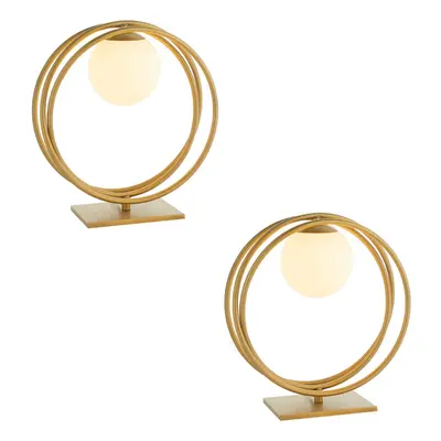 2 PACK Brushed Gold Table Lamp - Gloss Opal Glass Shade - Circular Hoop Design