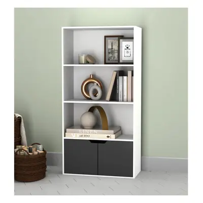 (White, Black) Tier Wooden Bookcase with Doors Shelving Cabinet