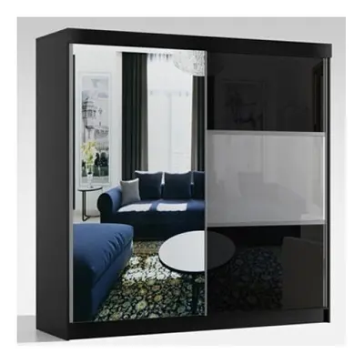 (200cm, Black) High Gloss Sliding Mirror Door Wardrobe |Manhattan