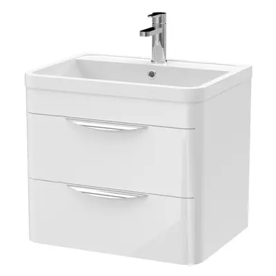 Wall Hung Drawer Bathroom Vanity Unit with Polymarble Basin - 600mm - Gloss White