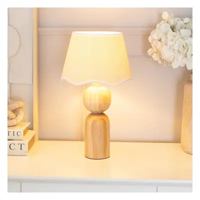 ValueLights Azalea Linen Scallop White Shade Wooden Table Lamp & Bulb