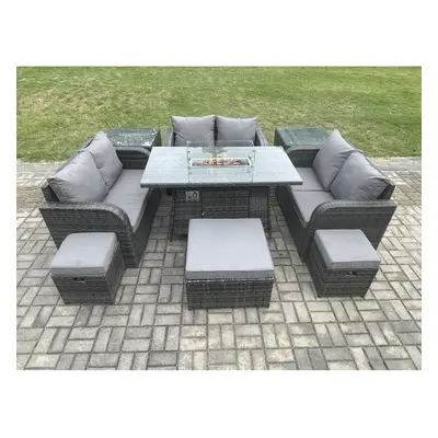 Fimous Outdoor Rattan Furniture Garden Dining Set Gas Fire Pit Table with Side Tables Love Sofa 