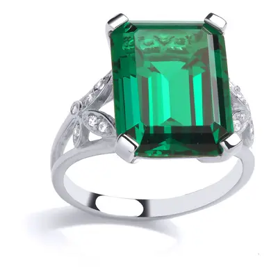 (Q) Jewelco London Sterling Silver CZ & Created Emerald Fancy Ring Cocktail Ring - GVR895