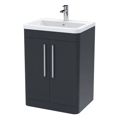 Floor Standing Door Vanity Unit with Ceramic Basin - 600mm - Soft Black