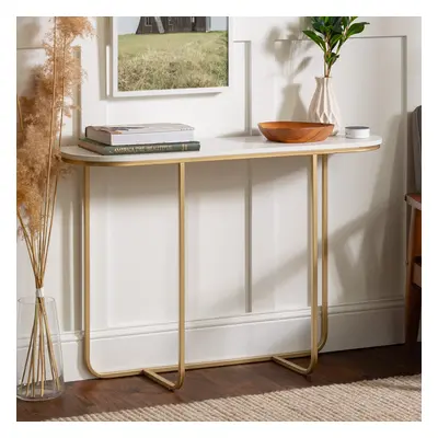 (White Faux Marble and Gold Legs) Curved Entry Console Foyer Side Table Living Room