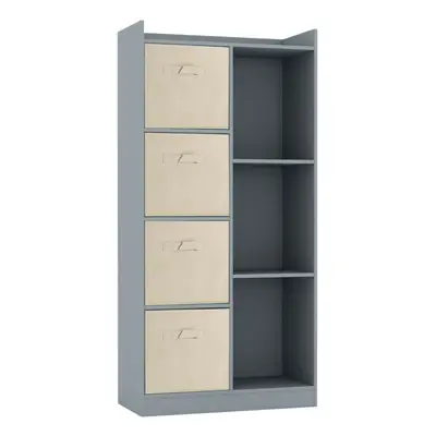 (Grey, Beige) Bookcase with Fabric Drawers | Cube Wooden Unit