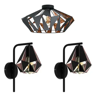 Low Ceiling Light & 2x Matching Wall Lights Black & Copper Geometric Shade