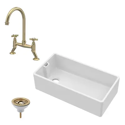 Fireclay Kitchen Bundle - Single Bowl Belfast Sink, Strainer Waste & Bridge Crosshead Mixer Tap,