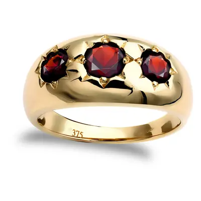 (S) Jewelco London Men's Solid 9ct Yellow Gold Round Brilliant Garnet Star Set Stone Trilogy Gyp