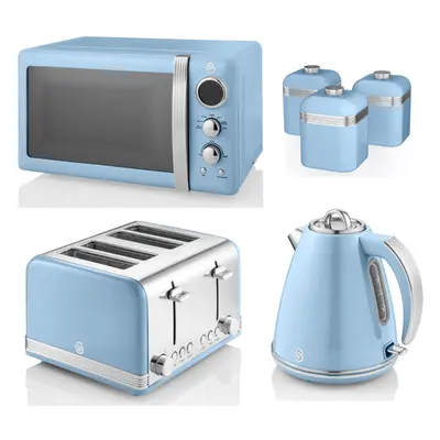 SWAN Retro Blue Kettle, Slice Toaster Microwave & Canisters Set