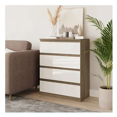 (Oak & White) Drawer High Glossy Wooden Bedroom Chest Cabinet No Handle Drawer Storage