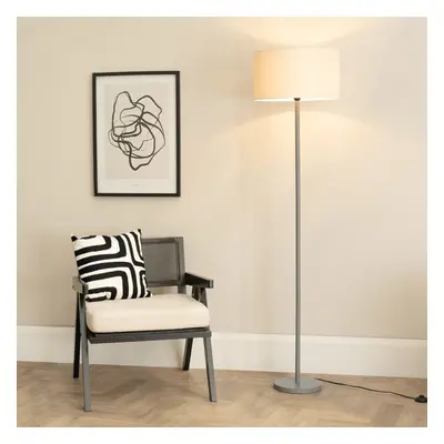 ValueLights Heather Natural White Trim Shade Grey Wood Floor Lamp & Bulb