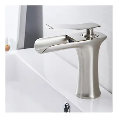 (Brushed Nickel) Bathroom Basin Waterfall Faucet Hot Cold Mixer Tap Single Hole Handle Sink Mode