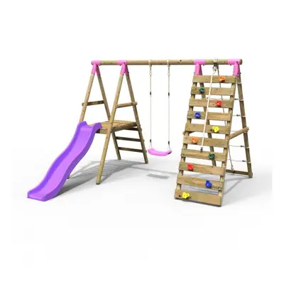 (Amber, Pink) Rebo Wooden Swing Set with Deck and Slide plus Up and Over Climbing Wall