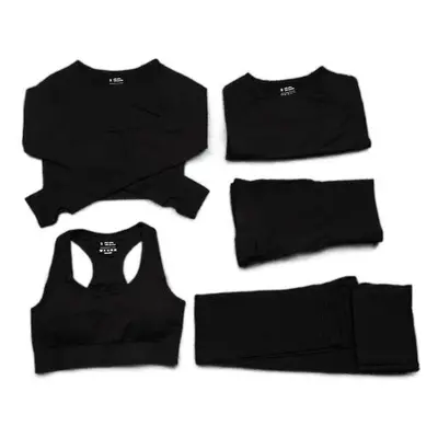 (Black, 5Pcs Set) Women Seamless Yoga Set Gym SportWear Running Outwork Fitness Long SLeeve High