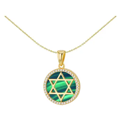 Jewelco London Women's Sterling Silver Green Round Disc Malachite & Cubic Zirconia Magen David S