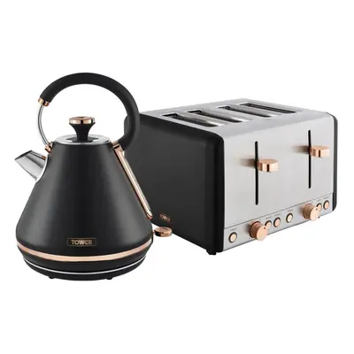 Tower Cavaletto Kitchen Set, 1.7L Rapid Boil Kettle & Slice Toaster, Black and Rose Gold, T10044