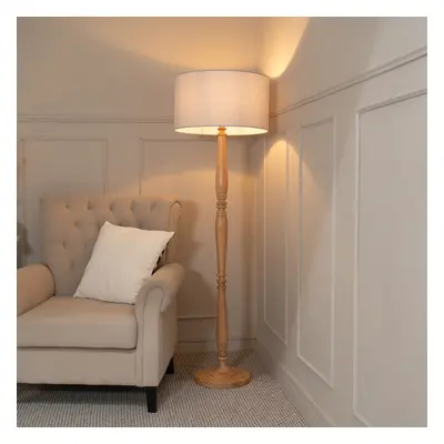 ValueLights Victoria Grey Drum Shade Light Wood Floor Lamp & LED Bulb