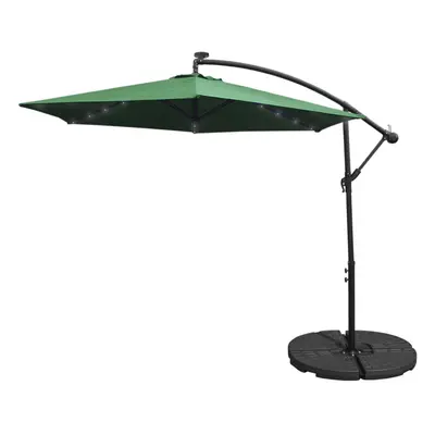 (Green, Fan Base) 3m LED Cantilever Parasol Banana Umbrella Garden