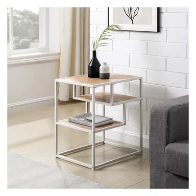 (White Frame & Coastal Oak Wood) Tier Metal & Wood Side End Table Nightstand Furniture Living Ro