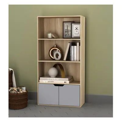 (Oak, Grey) Tier Wooden Bookcase with Doors Shelving Cabinet