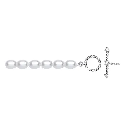 Jewelco London Ladies Rhodium Plated Sterling Silver Cream Oval Pearl CZ Oval Pebble T-Bar Toggl