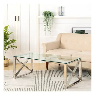 (W60*L120*H45cm) Glass & Chrome Cross X Legs Display Stand Side Lamp Coffee Table Console Table