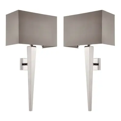 2 PACK Rectangular Dimmable Wall Light Chrome & Grey Shade Modern Bedside Lamp