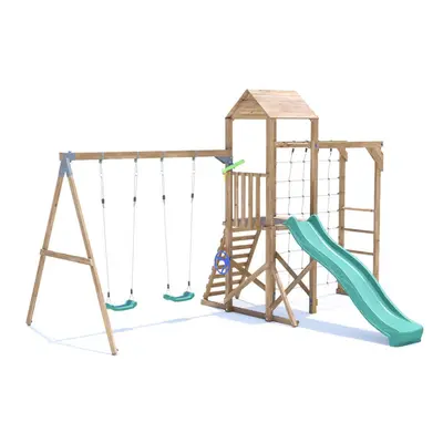 SquirrelFort Climbing Frame with Double Swing, High Platform, Monkey Bars, Cargo Net & Slide