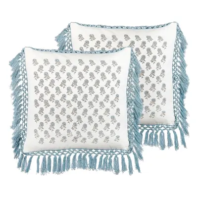 Set of Fringed Cotton Cushions Floral Pattern x cm White and Blue PALLIDA