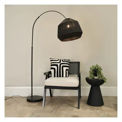 ValueLights Louis Black Arched Floor Lamp with Black Rope Dome Shade