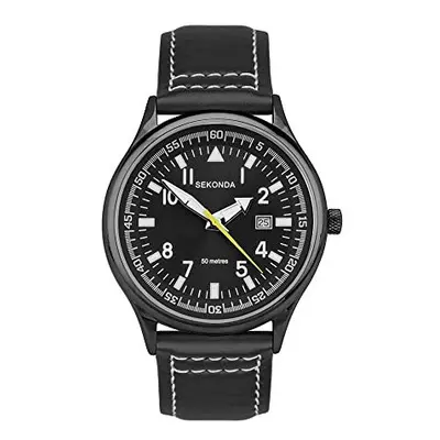 SEKONDA Men's Quartz Watch With Analogue Display and Black Leather Strap 3882.27