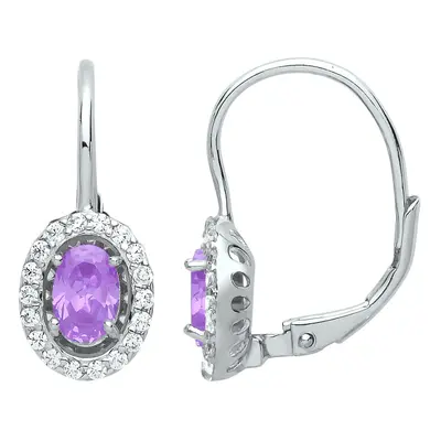 Jewelco London Ladies Sterling Silver Lilac Oval Cubic Zirconia Solitaire Halo Drop Earrings - G