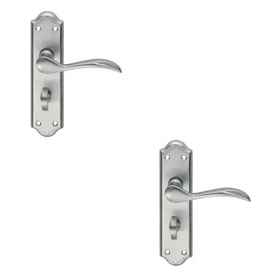 2x PAIR Curved Door Handle Lever on Bathroom Backplate x 45mm Satin Chrome