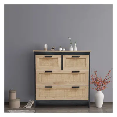 4-Drawers Wooden Rattan Knitted Storage Cabinet Accent Chest