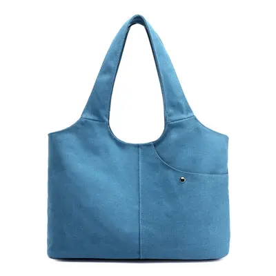 (Blue) Women Canvas Shoulder Bag Handbag Large Capacity Zipper Pockets Totes