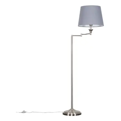 Modern Adjustable Swing Arm Floor Lamp in a Brushed Chrome Finish with a Grey Tapered Light Shad