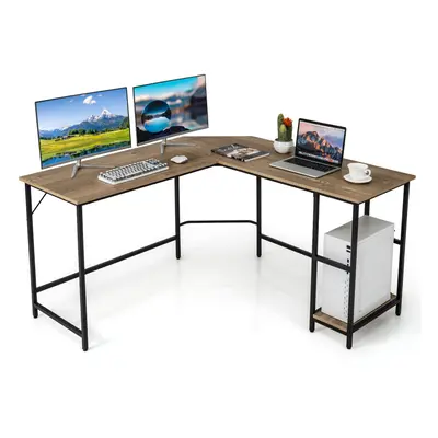 L-Shaped Desk W/ 2-Teir Storage Shelf Metal Frame & Solid Footrest