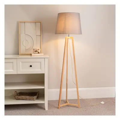 ValueLight Lottie Grey Taper Shade Natural Wood Tripod Floor Lamp