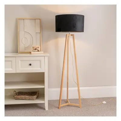 ValueLights Lottie Black Velvet Shade Natural Wood Tripod Floor Lamp