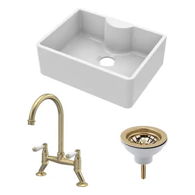 Fireclay Kitchen Bundle - Single Bowl Butler Sink with Tap Ledge, Waste & Lever Tap, 595mm - Bru