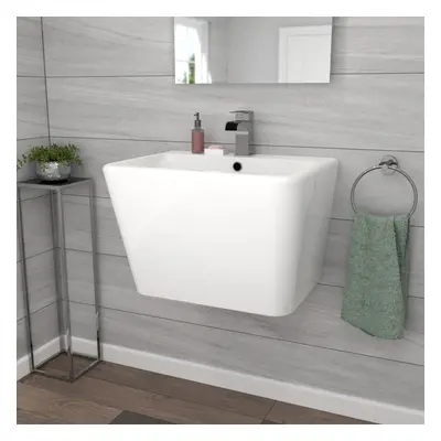 Nes Home White Modern Rectangle 565mm Square Wall Hung Ceramic Basin